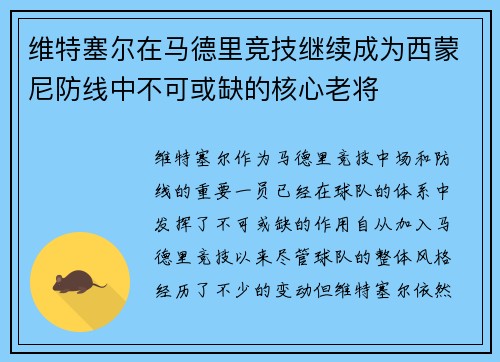 维特塞尔在马德里竞技继续成为西蒙尼防线中不可或缺的核心老将